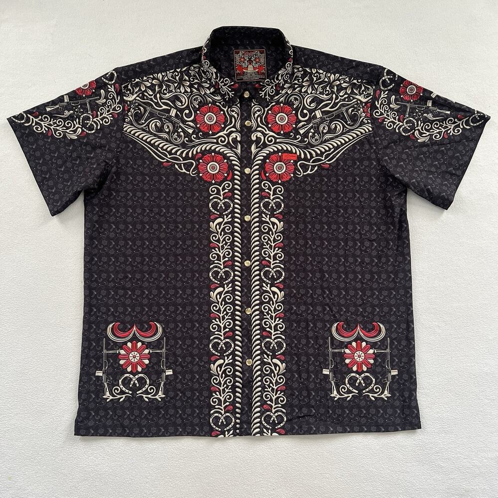 Retro Rifle Black Los Charro Print Pearl Snap Button Short Sleeve Shirt Men 3XL